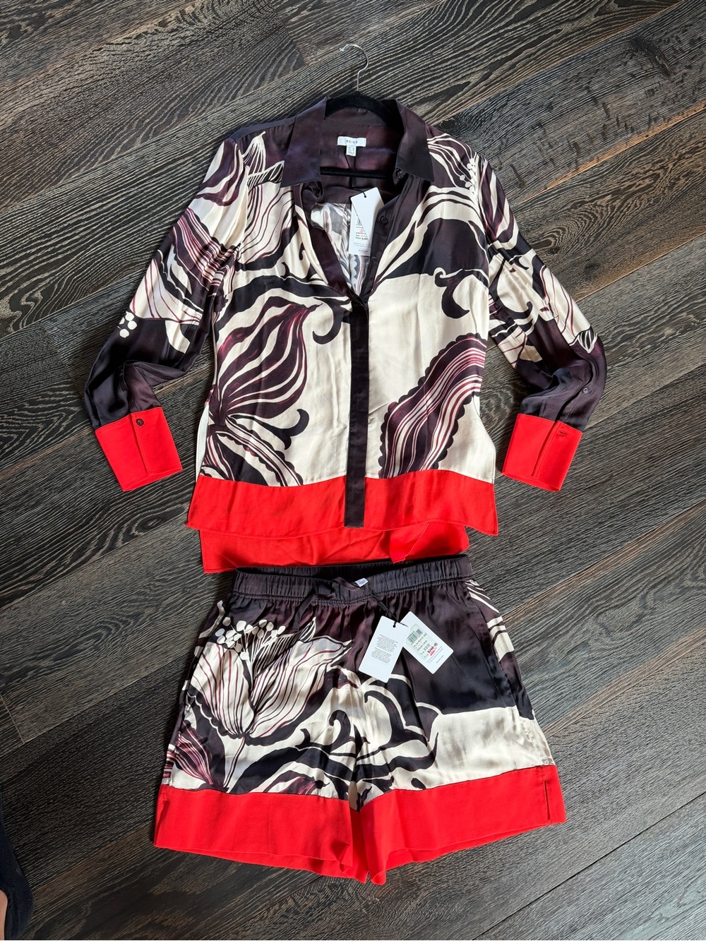 Reiss Red & Black Floral Print Satin Blazer and Short Set